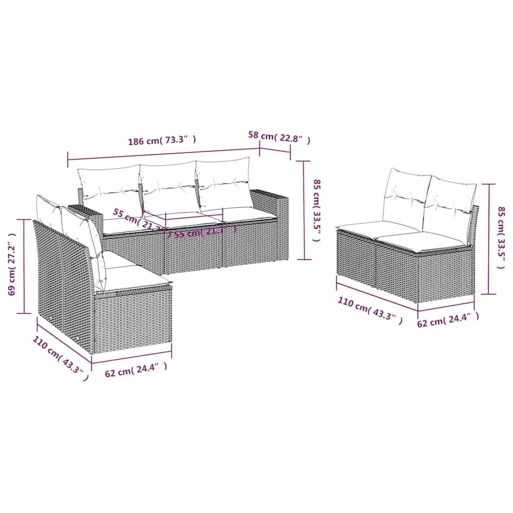 Garden Sofa Set Modular PE Rattan 7 Piece Outdoor Furniture Black