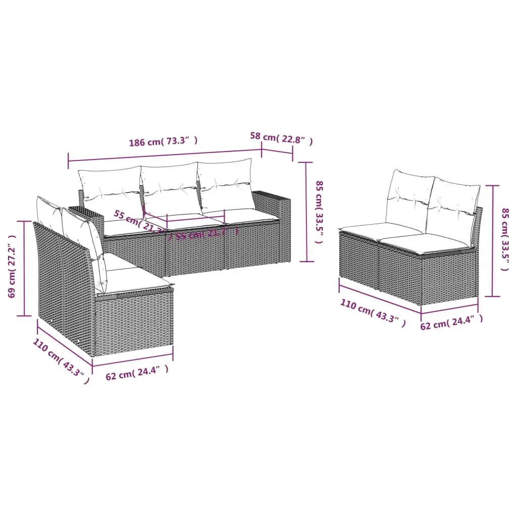 7 Piece Garden Sofa Set PE Rattan Modular Outdoor Furniture Beige with Cushions
