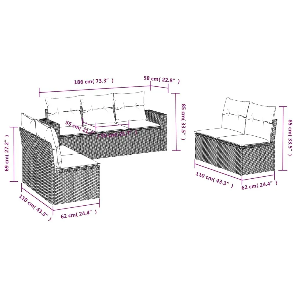 Garden Sofa Set PE Rattan 7 Piece Modular Sectional Outdoor Furniture with Cushions Grey