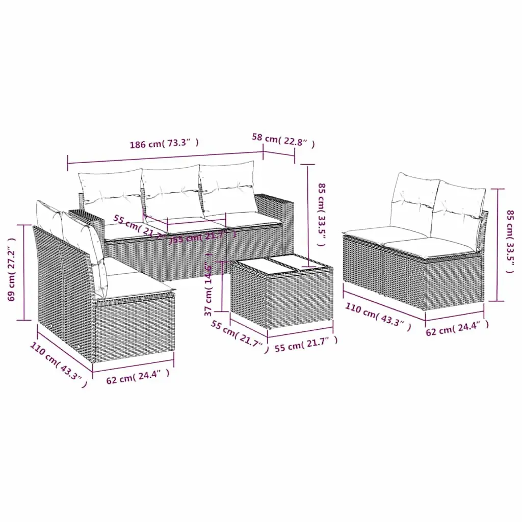 Garden Sofa Set 8 Piece PE Rattan Outdoor Furniture Black with Cushions and Tempered Glass Table