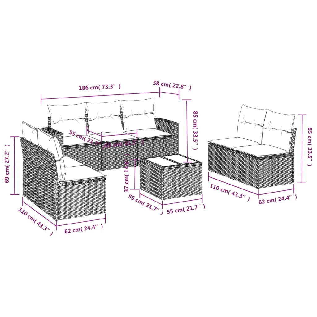 8 Piece Garden Sofa Set with Cushions Black Outdoor Patio Furniture Modular