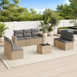 Garden Sofa Set 8 Piece Outdoor Furniture Beige Poly Rattan with Cushions Glass