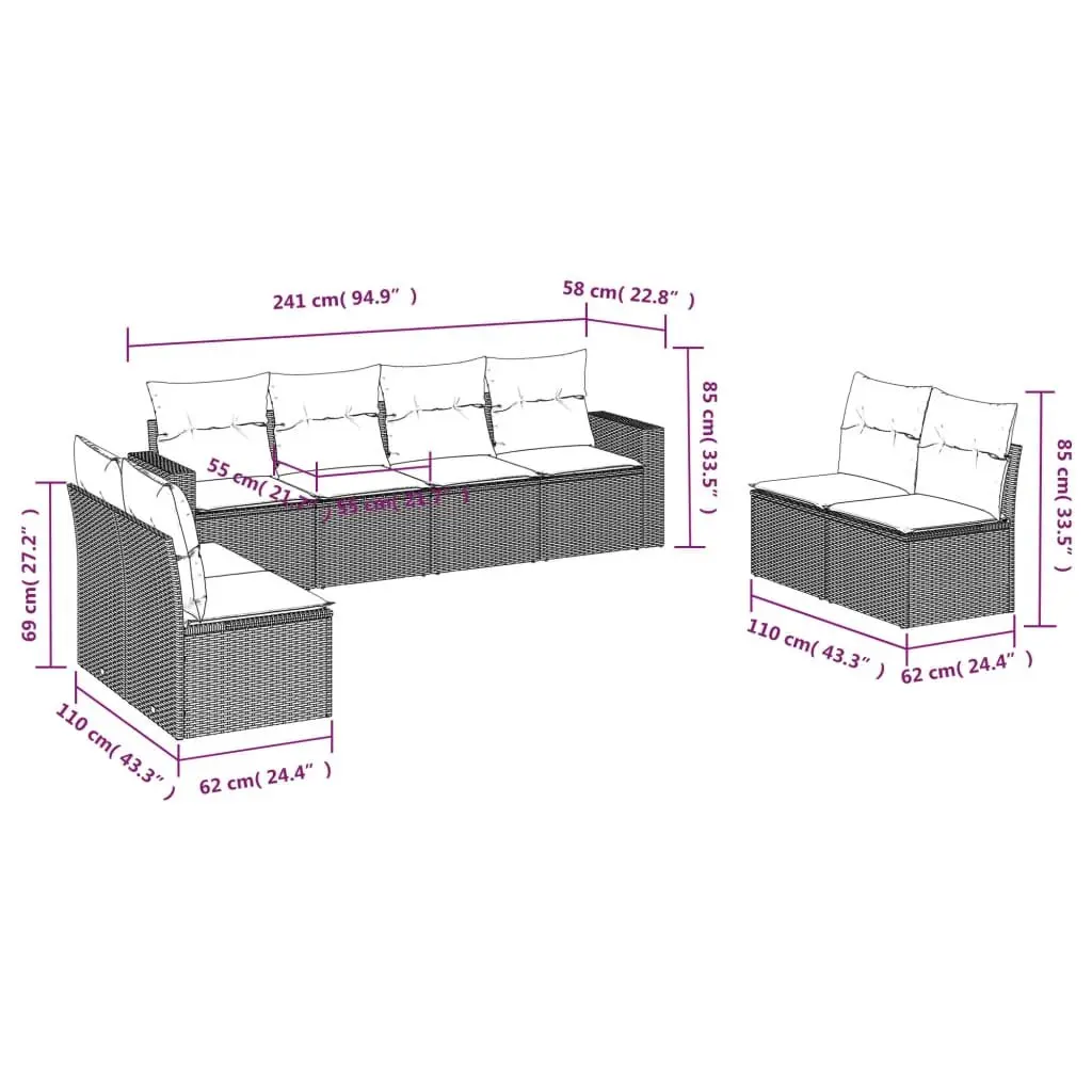 Garden Sofa Set 8 Piece Outdoor Furniture Black Poly Rattan Patio Seating with