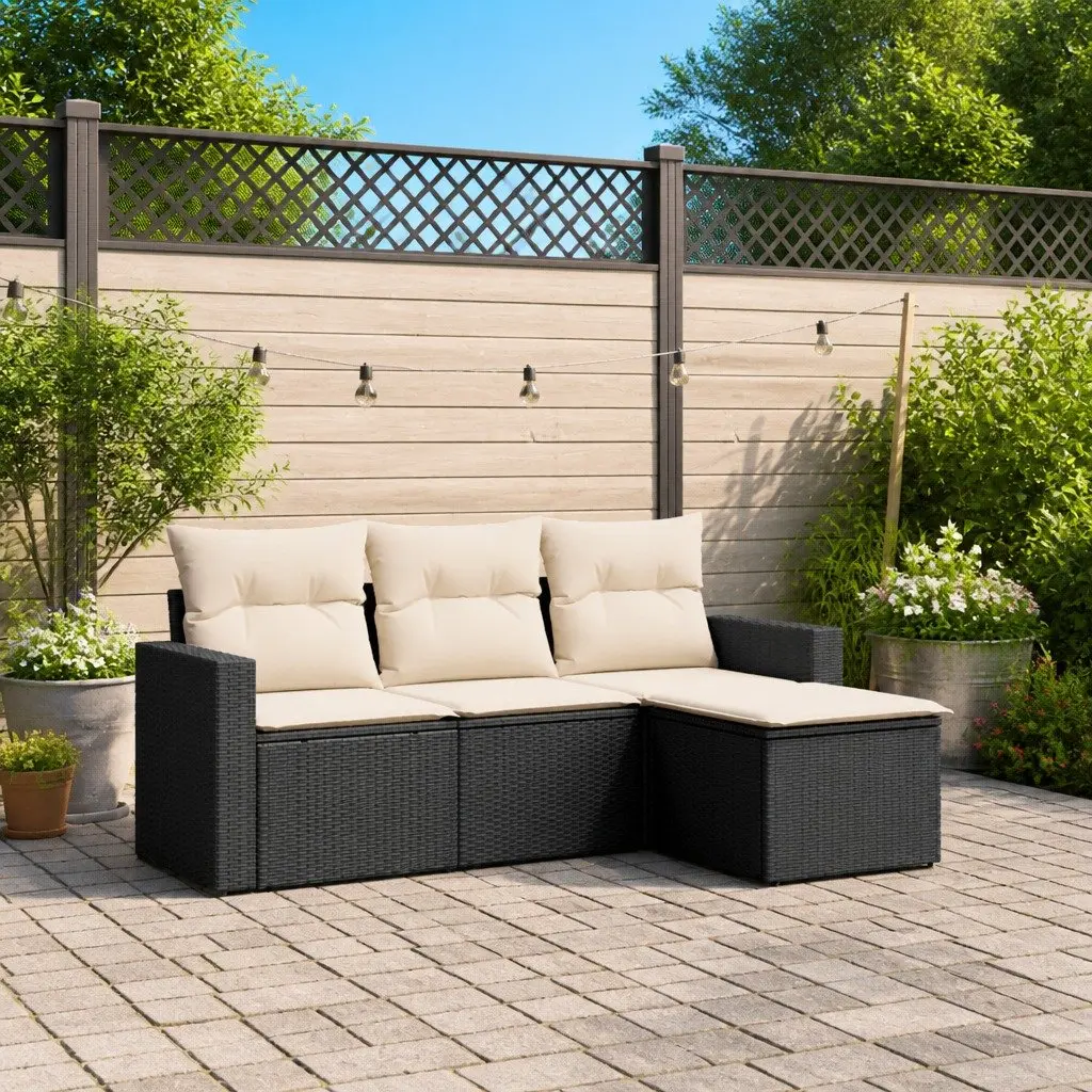 Outdoor Garden Sofa Set PE Rattan 4 Piece Black with Cushions