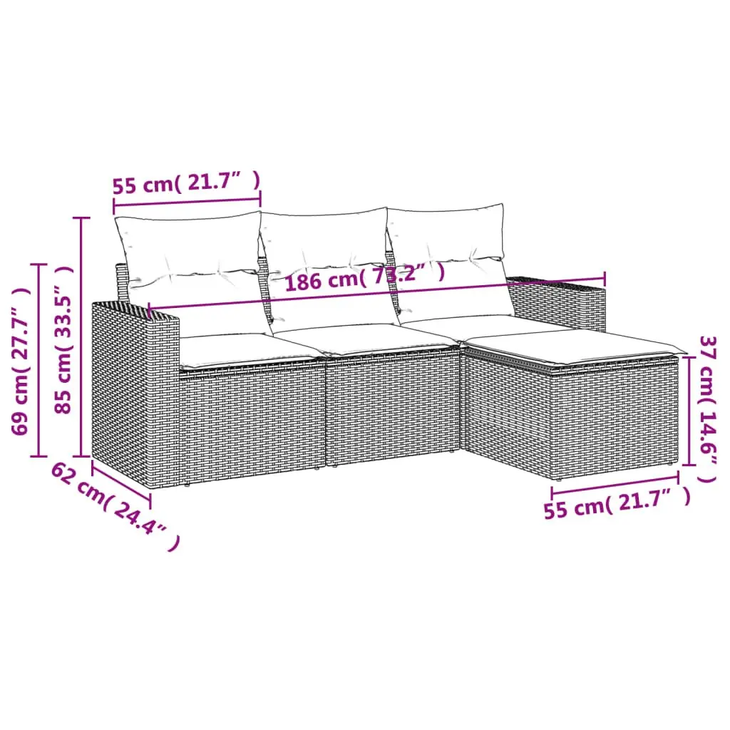 Outdoor Garden Sofa Set PE Rattan 4 Piece Black with Cushions