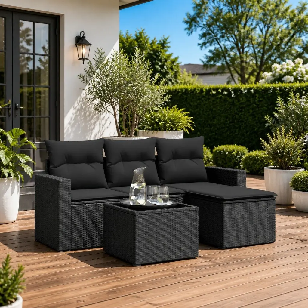5 Piece Black PE Rattan Outdoor Sofa Set with Cushions and Tempered Glass Table for Patio and Backyard