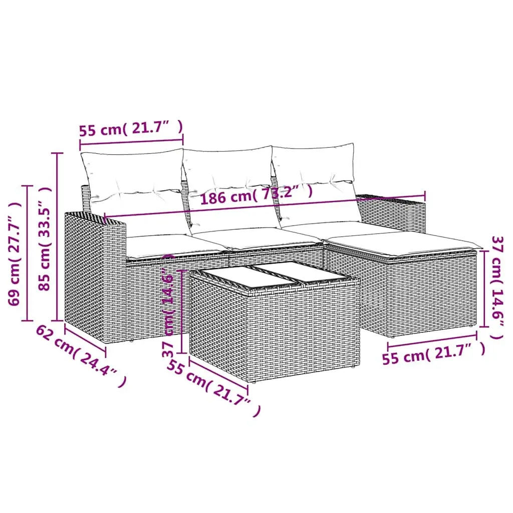 5 Piece Black PE Rattan Outdoor Sofa Set with Cushions and Tempered Glass Table for Patio and Backyard