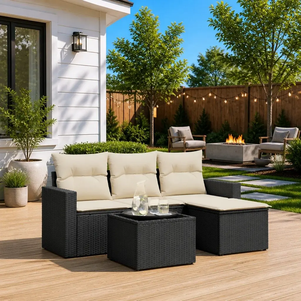 Garden Sofa Set PE Rattan 5 Piece Outdoor Furniture Black with Cushions