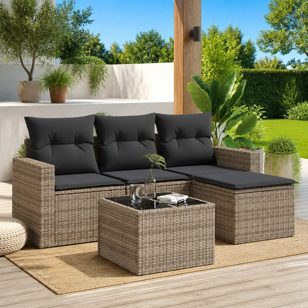 5 Piece Outdoor Garden Sofa Set Grey PE Rattan with Cushions