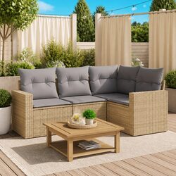 4 Piece Outdoor Garden Sofa Set Beige Poly Rattan Patio Furniture with Cushions