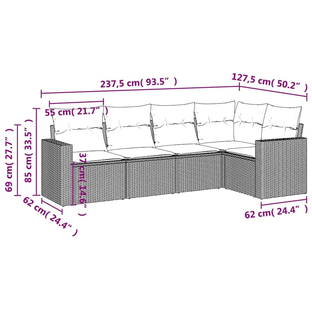 Outdoor Garden Sofa Set 5 Piece Poly Rattan Patio Furniture with Cushions Black