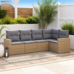 5 Piece Garden Sofa Set Outdoor Patio Furniture with Cushions Beige Rattan