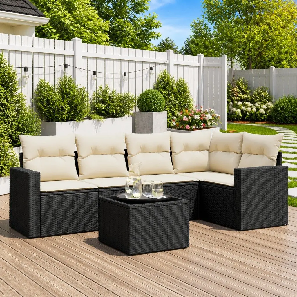 Garden Sofa Set 6 Piece Outdoor Furniture Patio Black Poly Rattan with Cushions