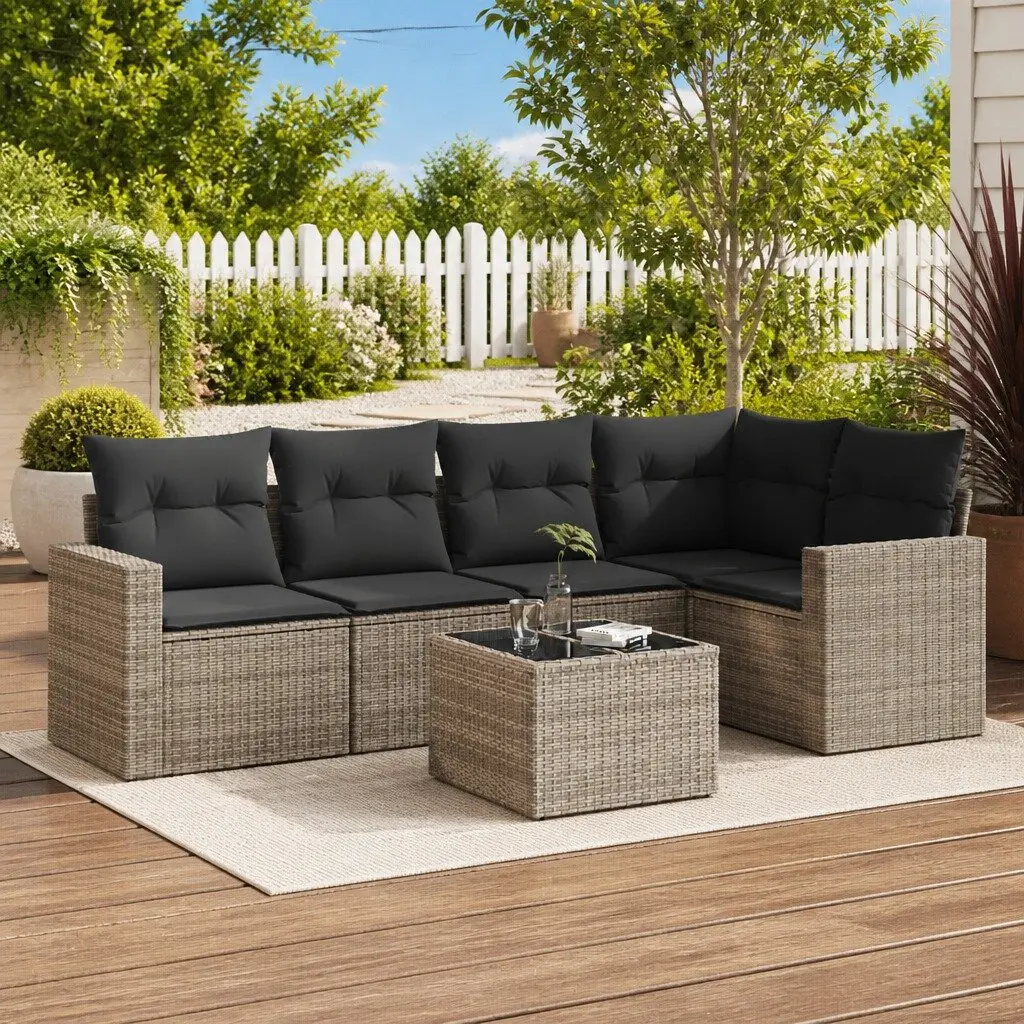 Grey Modular Outdoor Sofa Set with Cushions PE Rattan 6 Piece Patio Furniture