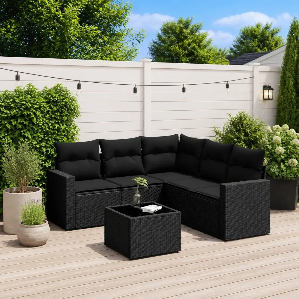 6 Piece Garden Sofa Set PE Rattan Outdoor Patio Furniture with Cushions Black
