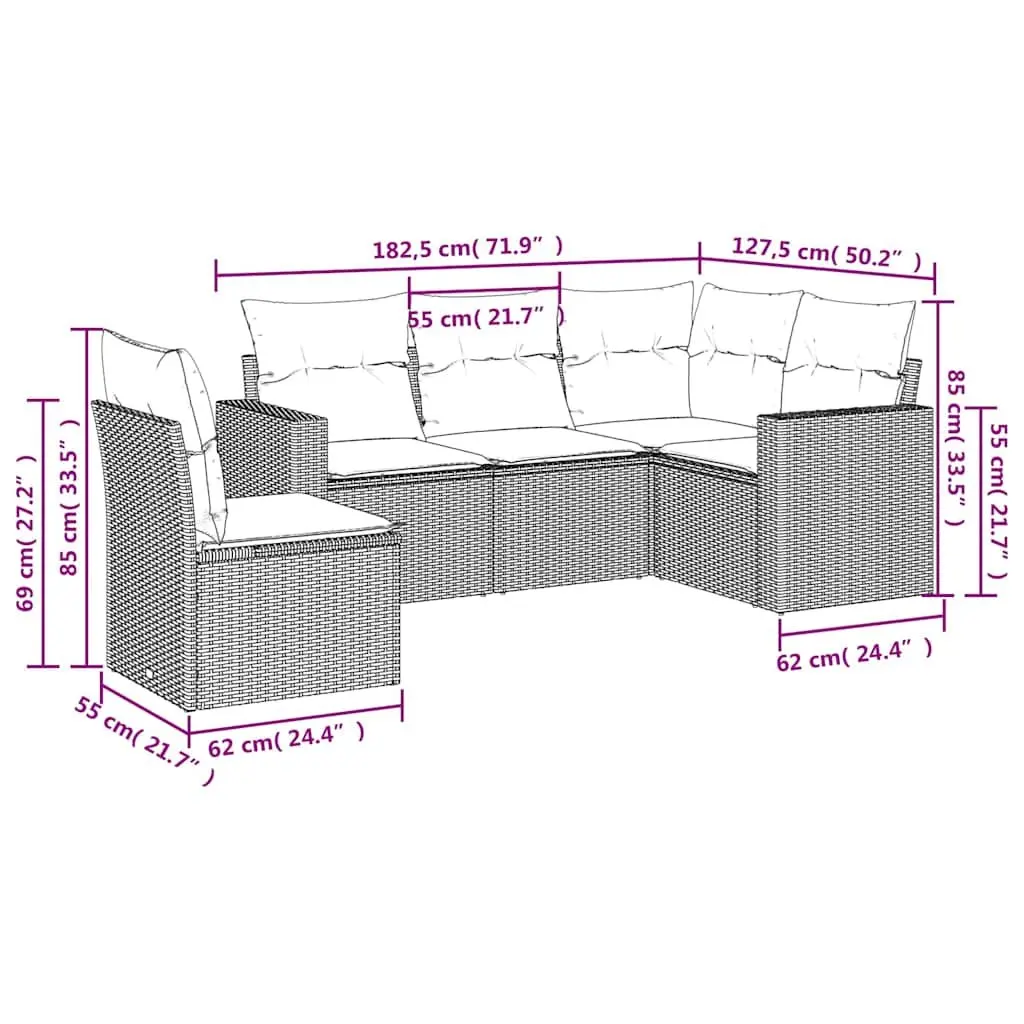 Garden Sofa Set PE Rattan 5 Piece Outdoor Furniture Sectional with Cushions Black