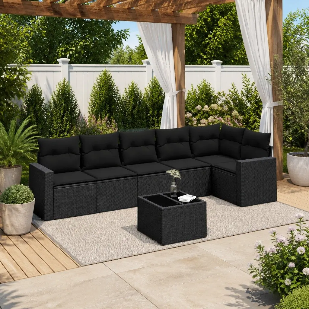7 Piece Garden Sofa Set PE Rattan Outdoor Patio Furniture Black with Cushions