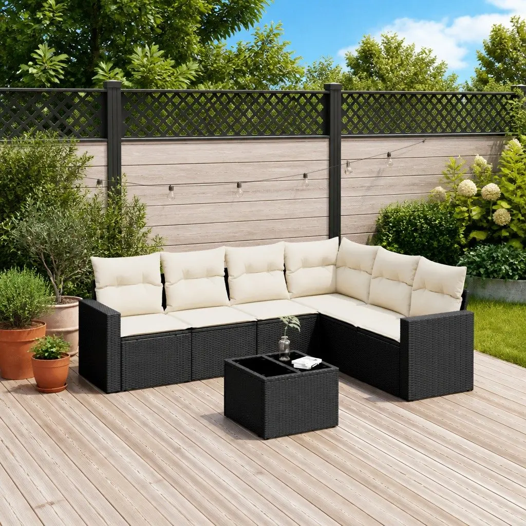 7 Piece Garden Sofa Set PE Rattan Outdoor Patio Furniture Black with Cushions