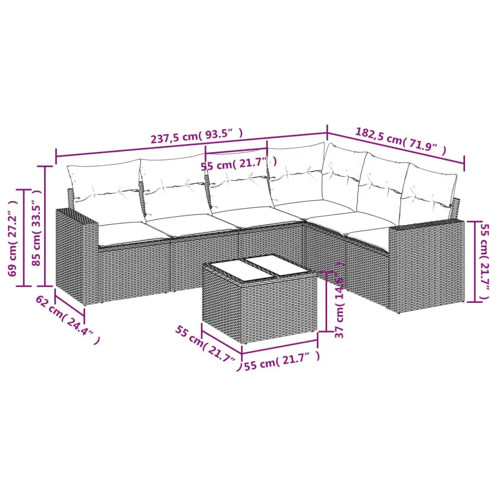 7 Piece Garden Sofa Set PE Rattan Outdoor Patio Furniture Black with Cushions