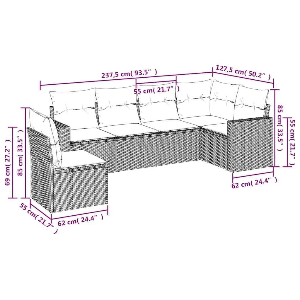 Garden Sofa Set PE Rattan 6 Piece Modular Outdoor Furniture Black