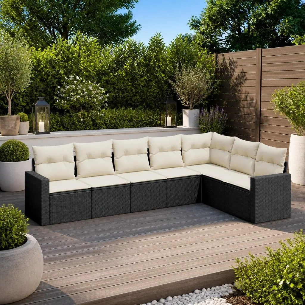 7 Piece Modular Black Outdoor Sofa Set Poly Rattan Patio Furniture
