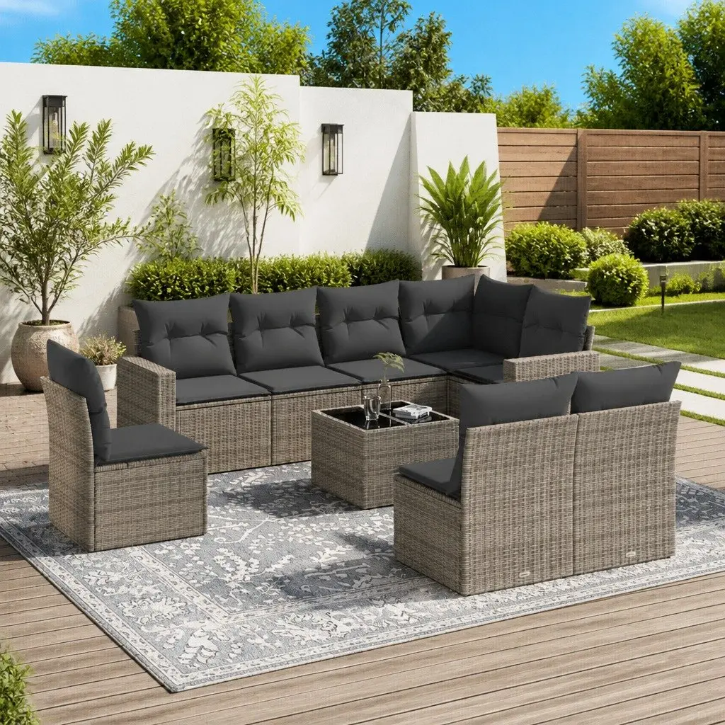 Garden Sofa Set 9 Piece Modular PE Rattan Outdoor Furniture Grey with Thick Cushions and Tempered Glass Tabletop