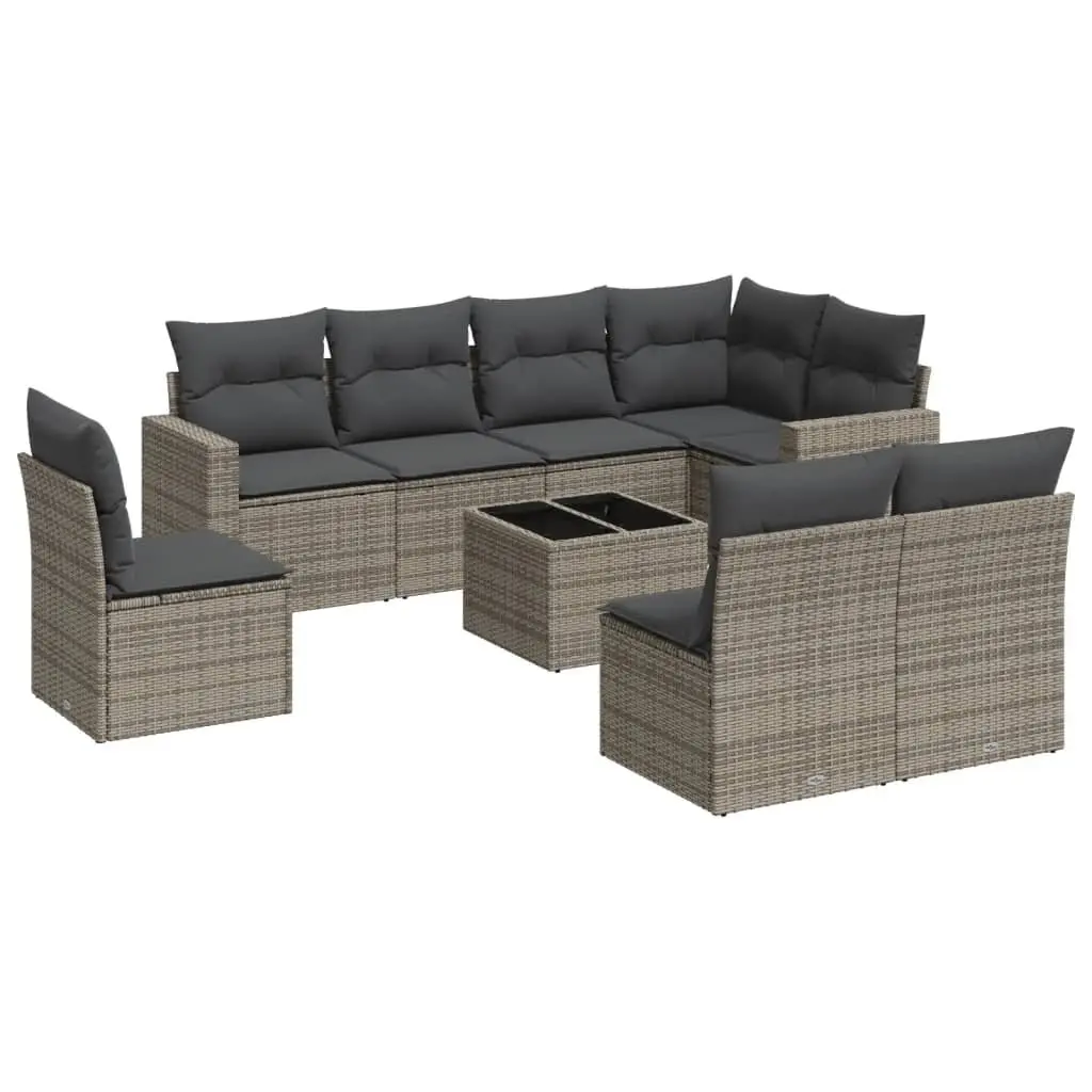 Garden Sofa Set 9 Piece Modular PE Rattan Outdoor Furniture Grey with Thick Cushions and Tempered Glass Tabletop