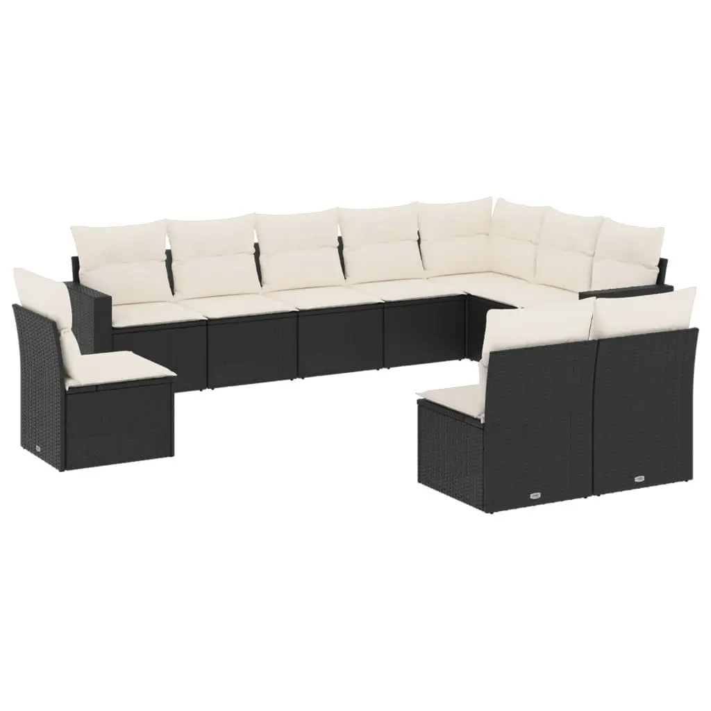 10 Piece Outdoor Garden Sofa Set with Cushions Black Poly Rattan Patio Furniture