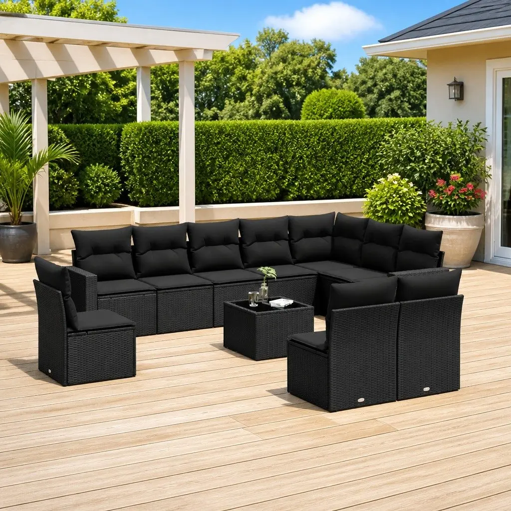 Garden Sofa Set 11 Piece Black Outdoor Furniture Patio Sectional Poly Rattan