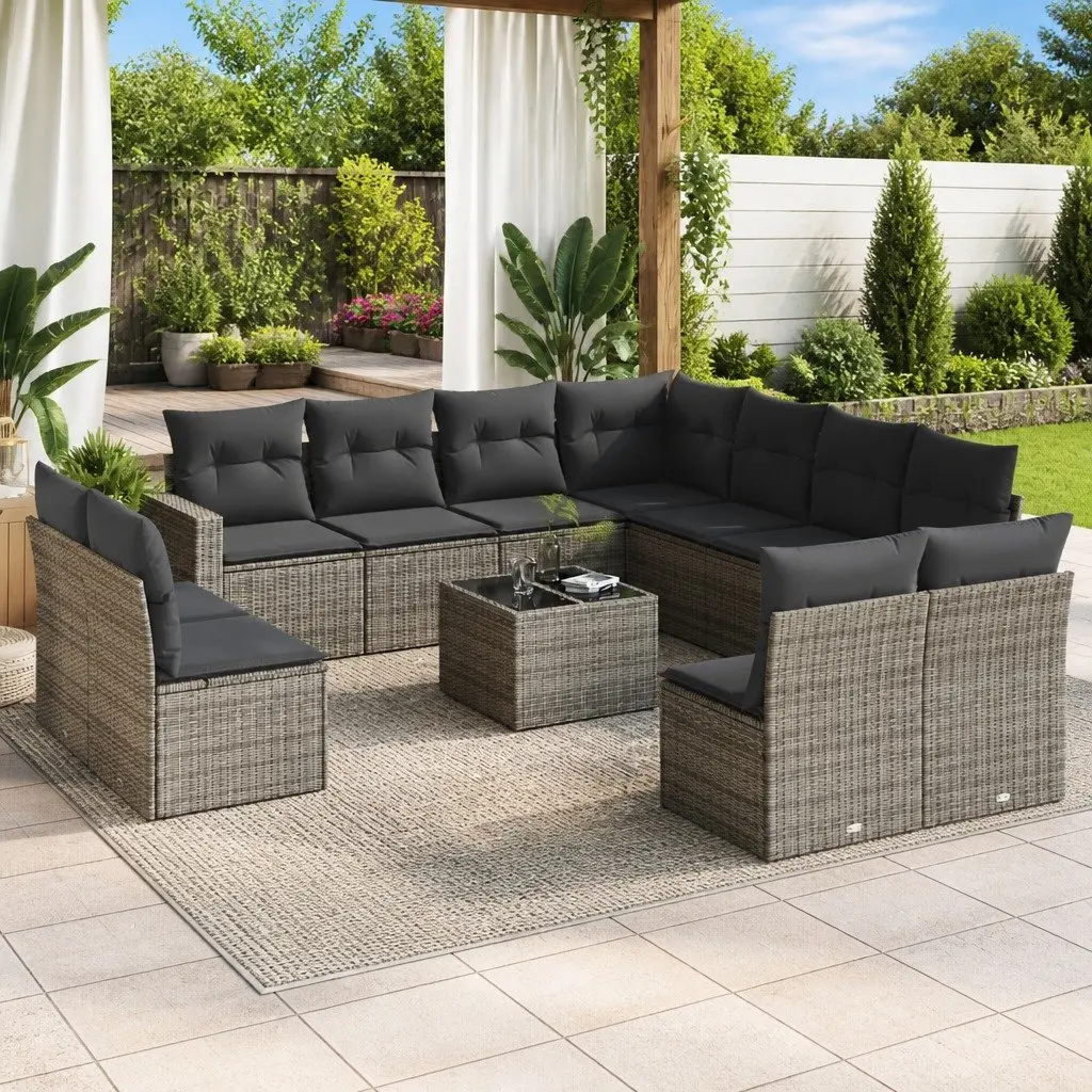 12 Piece Outdoor Modular Lounge Set Grey PE Rattan Patio Sofa with Thick Cushions and Tempered Glass Tabletop
