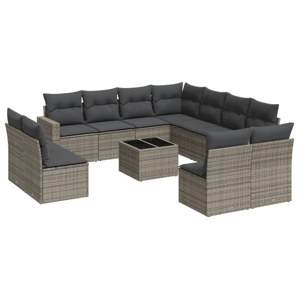 12 Piece Outdoor Modular Lounge Set Grey PE Rattan Patio Sofa with Thick Cushions and Tempered Glass Tabletop