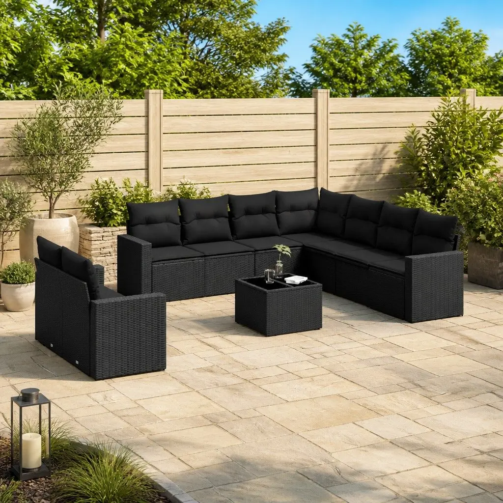 10 Piece Outdoor Garden Sofa Set Black Poly Rattan with Cushions