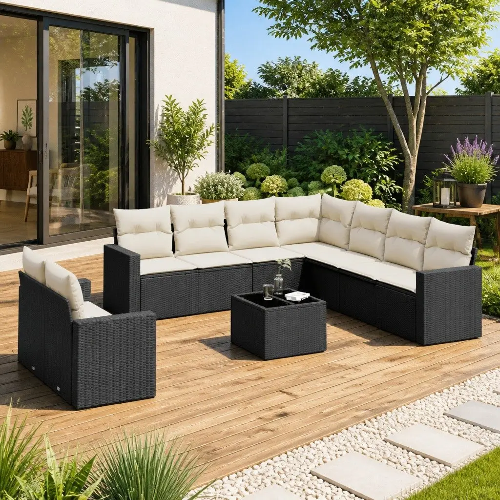 10 Piece Modular Patio Sofa Set Black PE Rattan with Thick Cushions and Tempered Glass Table for Outdoor Garden Use