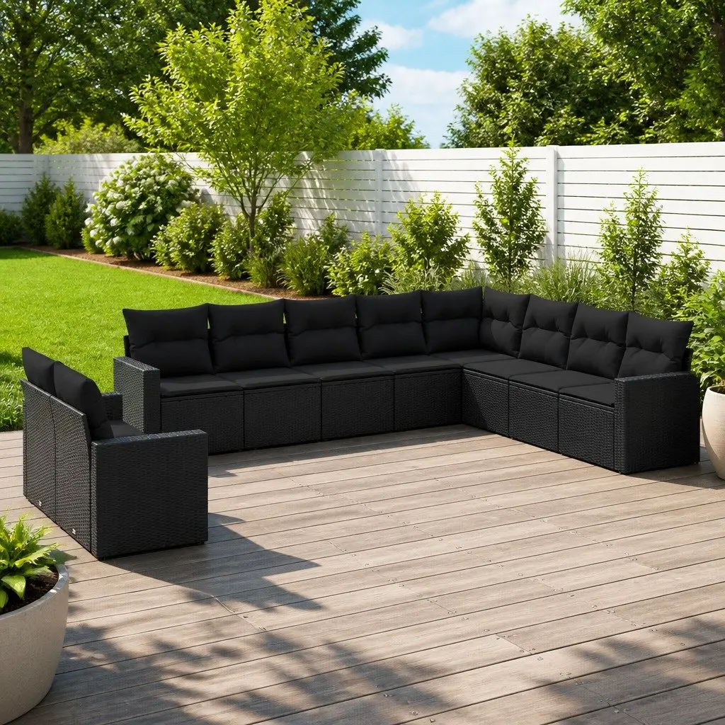 Modular Outdoor Furniture Set 10 Piece Black PE Rattan Garden Sofa with Cushions for Patio and Terrace