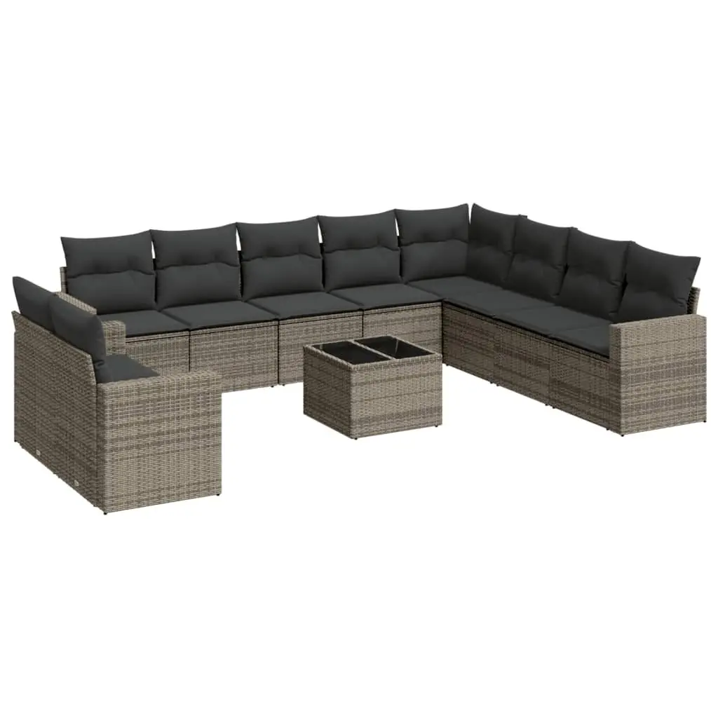 Garden Sofa Set 11 Piece Modular Grey PE Rattan with Cushions and Tempered Glass Table Top