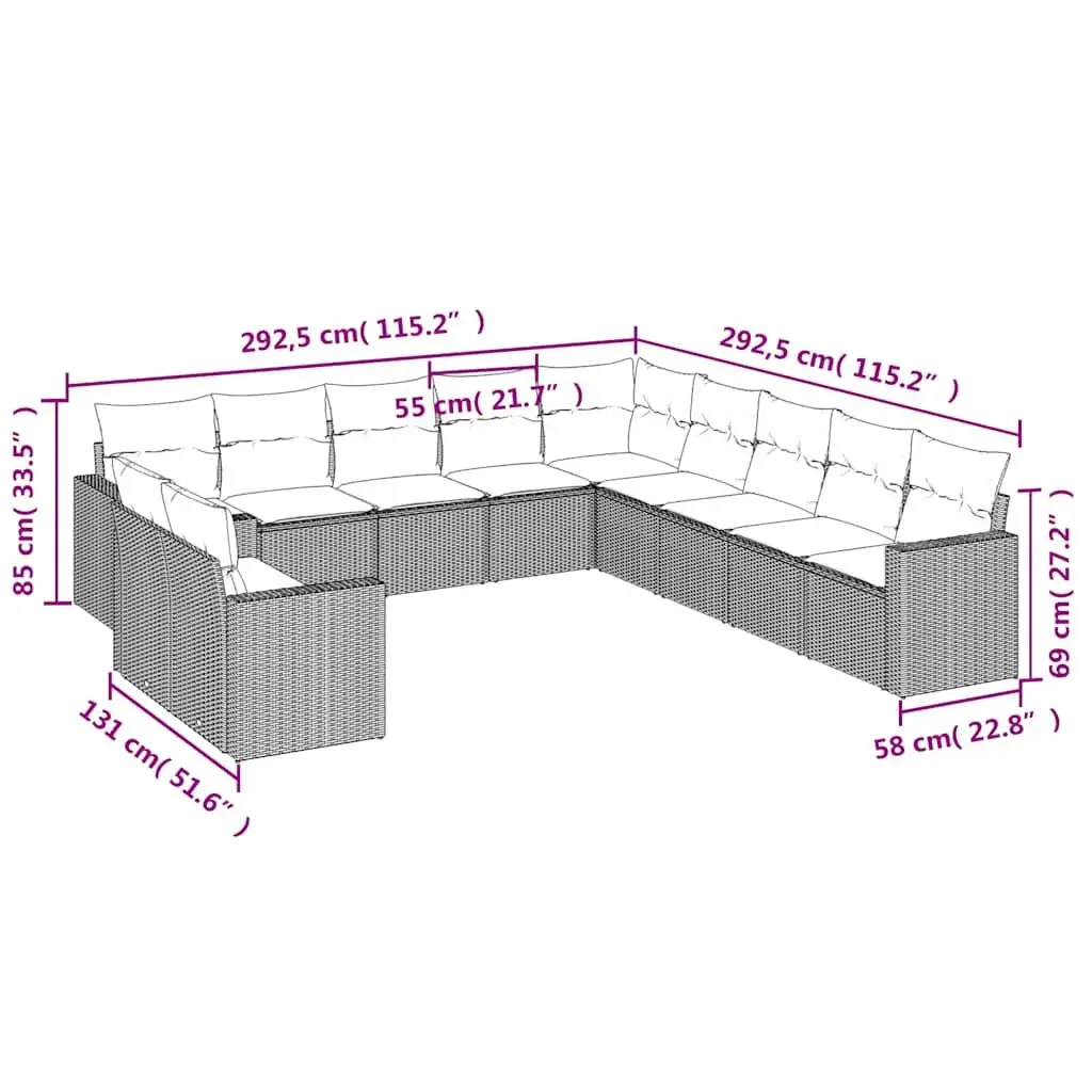 Garden Sofa Set 11 Piece Black Poly Rattan Outdoor Furniture Modular Cushions