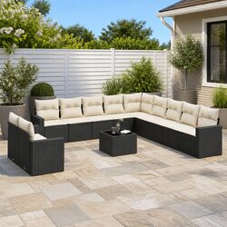 Garden Sofa Set 12 Piece Outdoor Furniture Black Poly Rattan Modular Patio