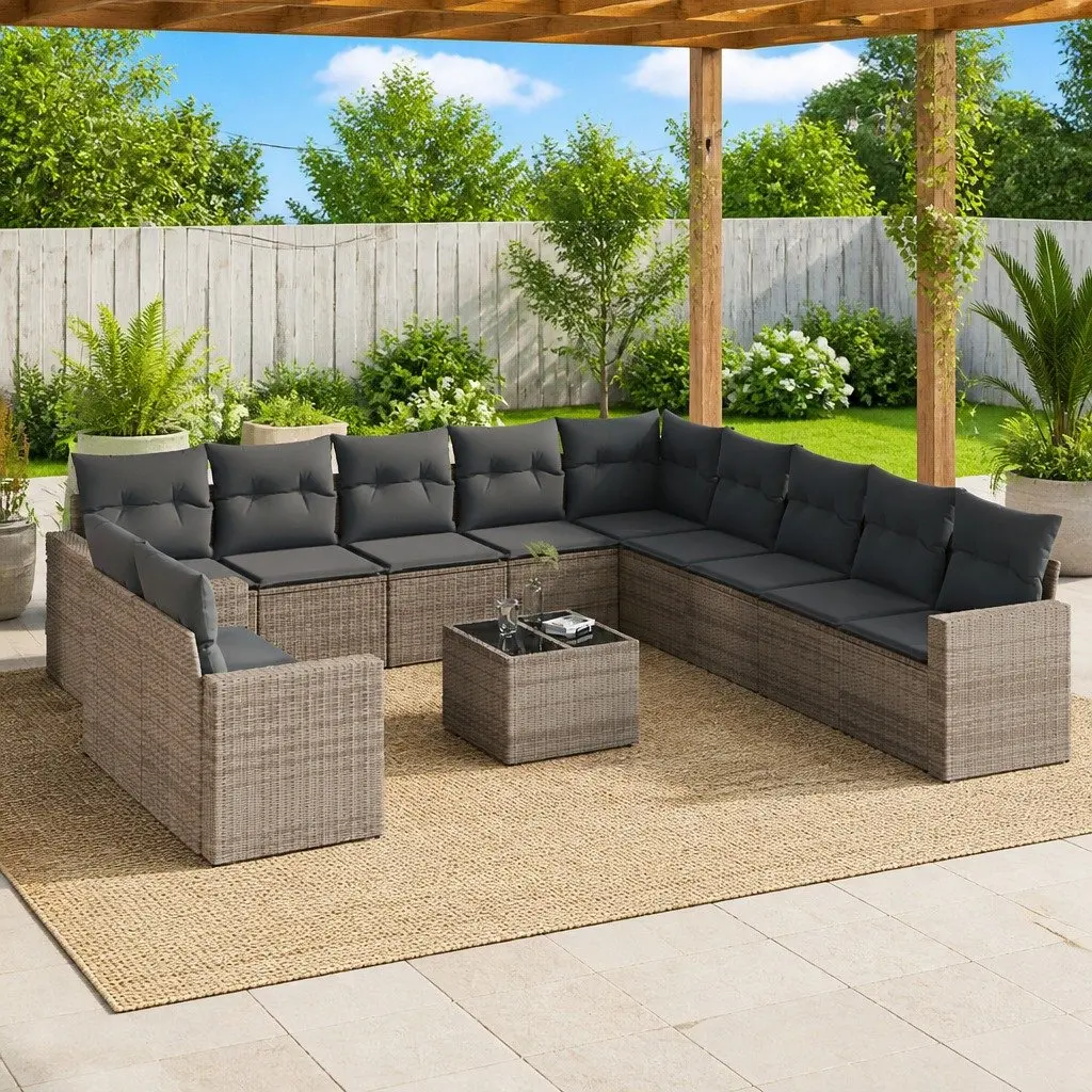 Garden Sofa Set PE Rattan 12 Pieces Outdoor Furniture Grey Cushions