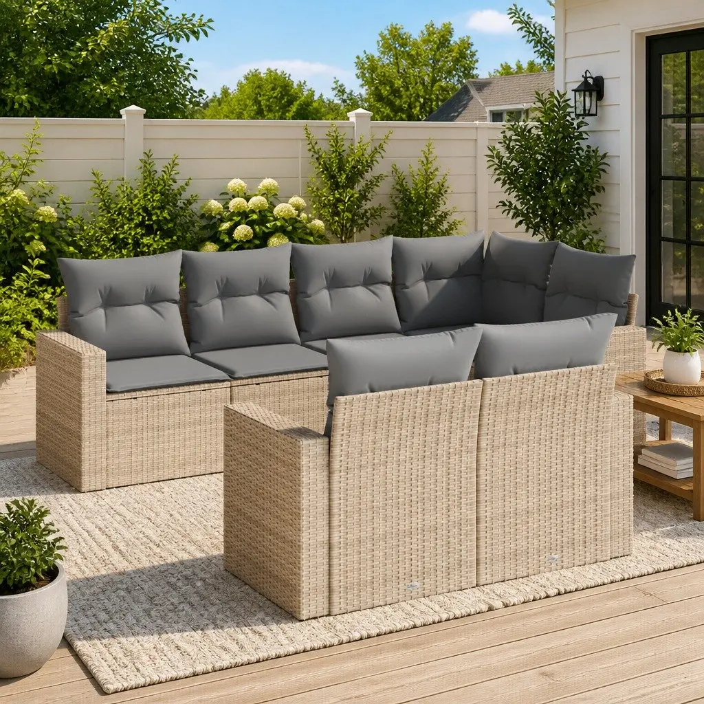 7 Piece Modular Outdoor Sofa Set Beige PE Rattan Furniture with Cushions