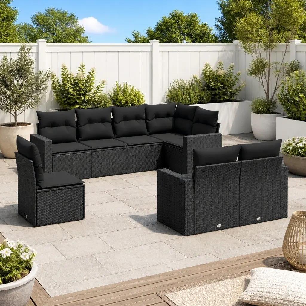 Garden Sofa Set PE Rattan 8 Piece Outdoor Furniture Sectional with Cushions Black