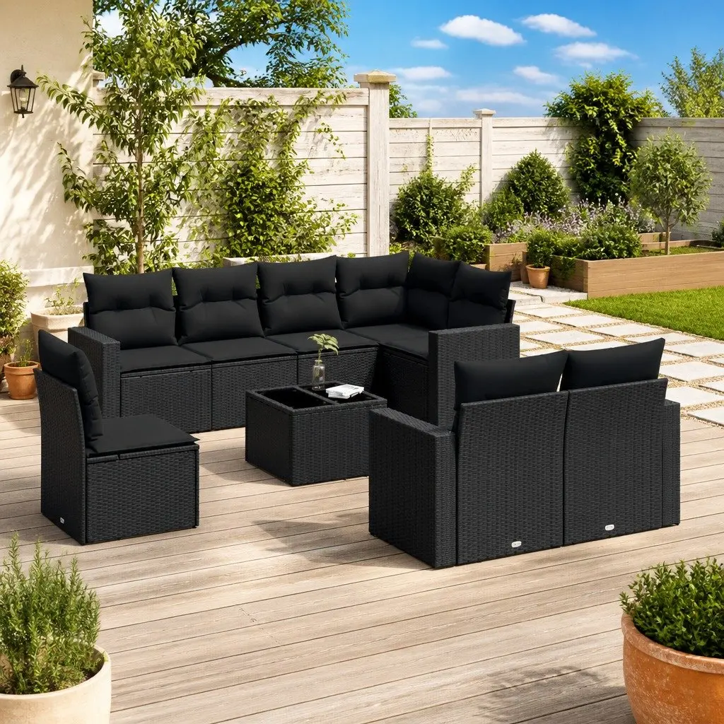 9 Piece Outdoor Garden Sofa Set Black PE Rattan with Cushions
