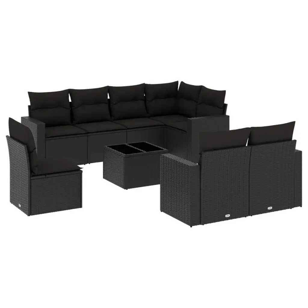 9 Piece Outdoor Garden Sofa Set Black PE Rattan with Cushions