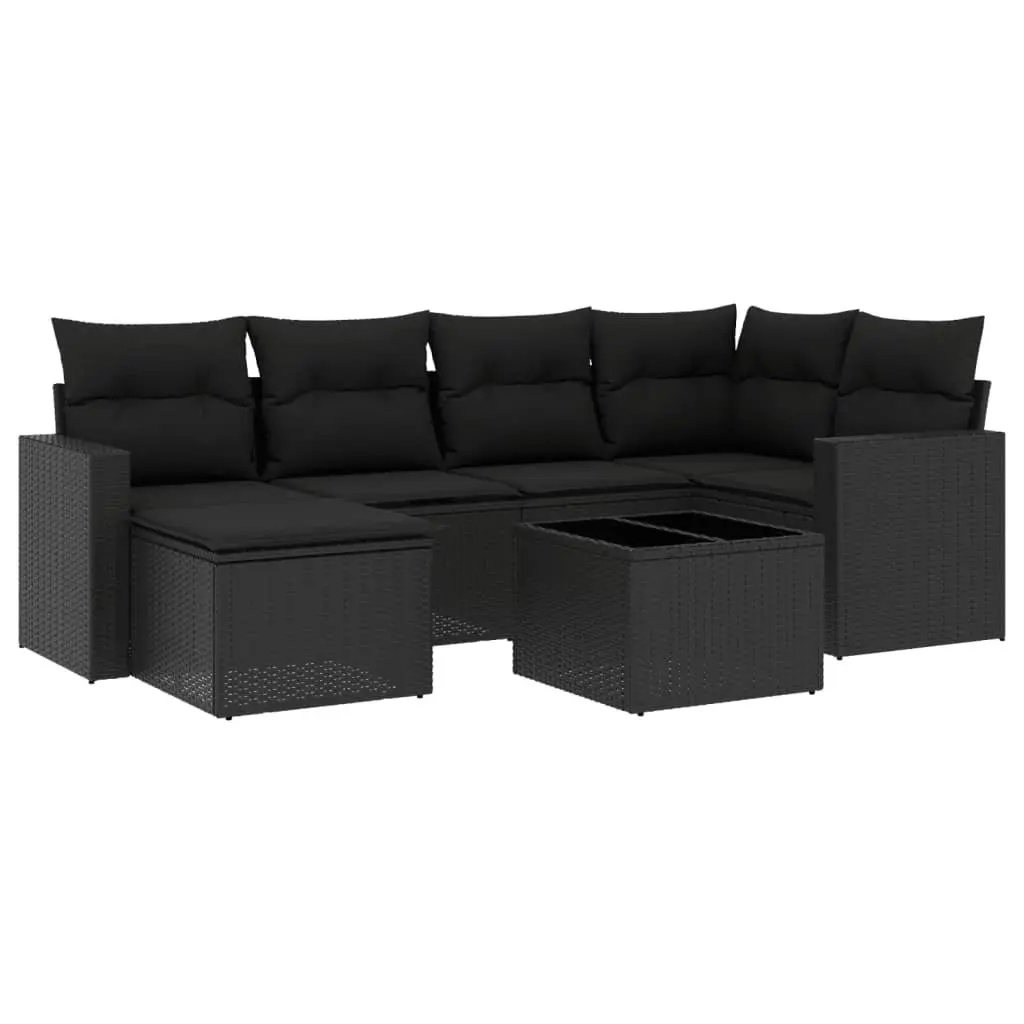 7 Piece Outdoor Garden Sofa Set Poly Rattan Black Cushions