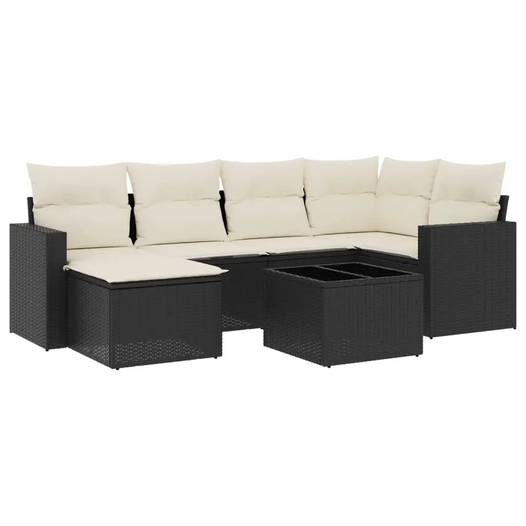 7 Piece Garden Sofa Set PE Rattan Black with Cushions and Tempered Glass Table