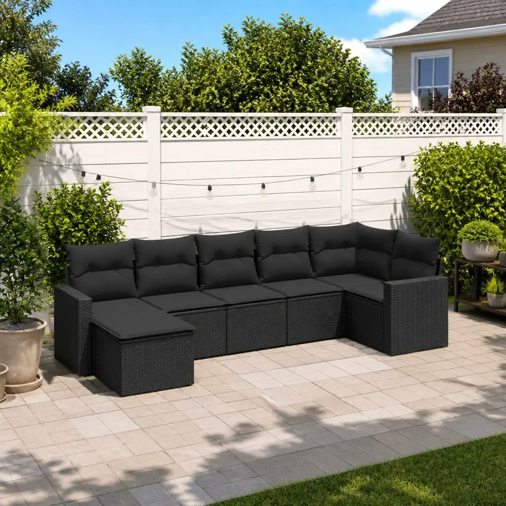 7 Piece Modular Outdoor Sofa Set Black PE Rattan with Cushions for Patio and Garden