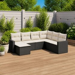Practical 7-Piece Black Garden Sofa Set with Cushions