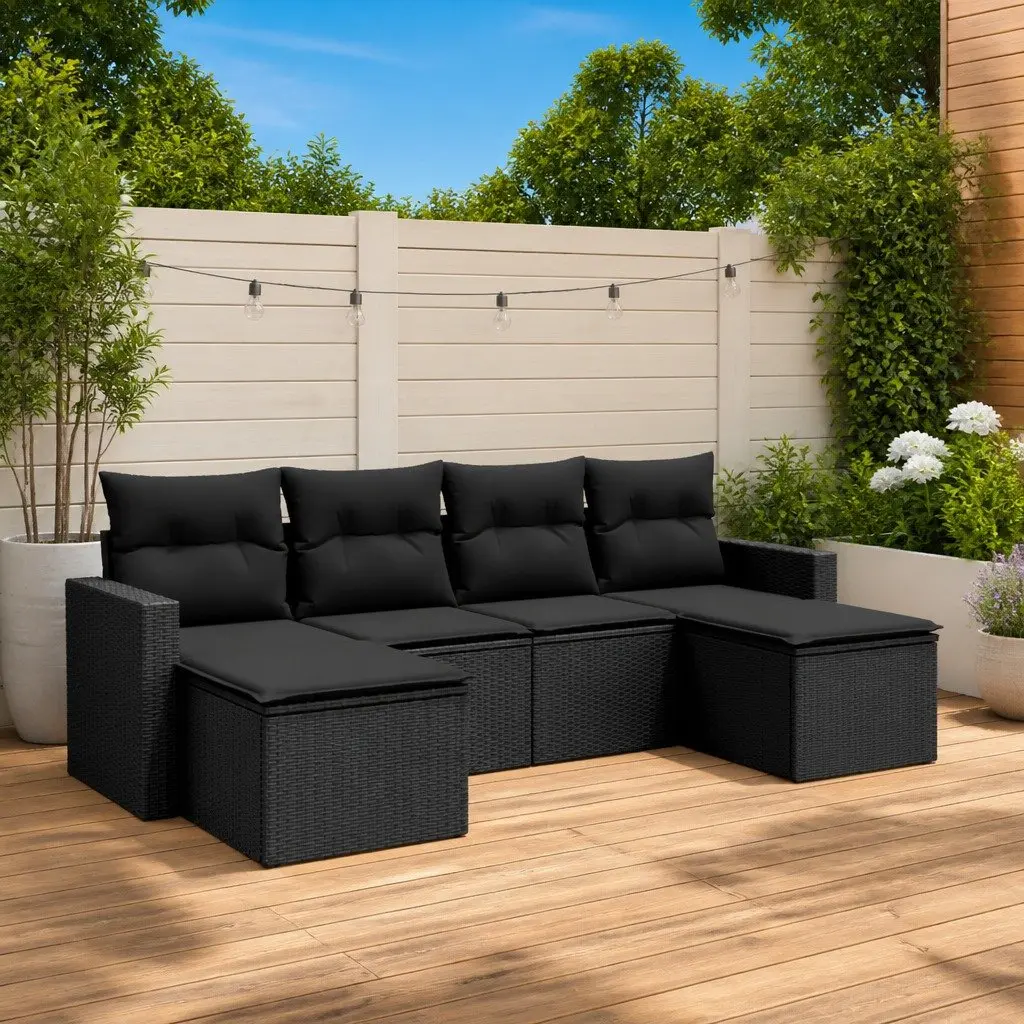 6 Piece Garden Sofa Set PE Rattan Modular Outdoor Furniture with Cushions Black