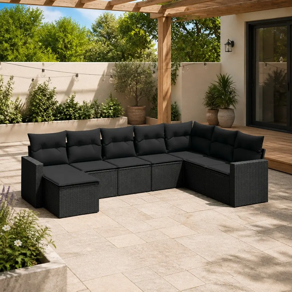 8 Piece Modular Outdoor Sofa Set Black PE Rattan with Removable Washable Cushions for Patio Lounge