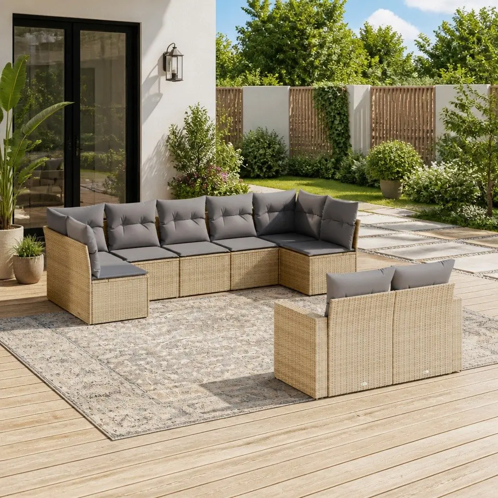 9 Piece Beige Cushioned Modular Outdoor Furniture Garden Sofa Set for Patio Seating