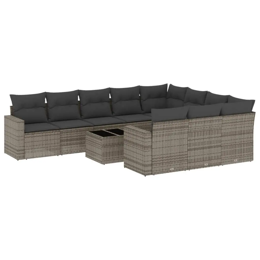 Outdoor Furniture Set 11 Piece Modular Patio Grey Poly Rattan Sofa with Thick Cushions and Tempered Glass Tabletop